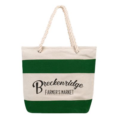 Cotton canvas navy cruising tote with rope handles with imprinted logo.