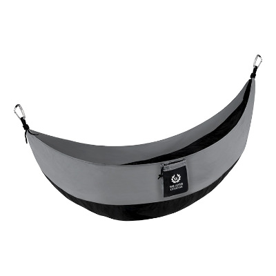Black and gray nylon hammock with custom logo.
