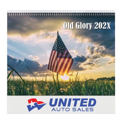 Spiral bound american flag wall calendar with full color promotional imprint.