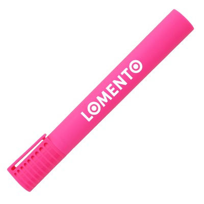 Pink plastic highlighter with a branded imprint.