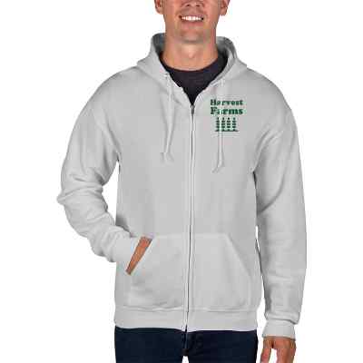 Custom white full-zip sweatshirt with logo.