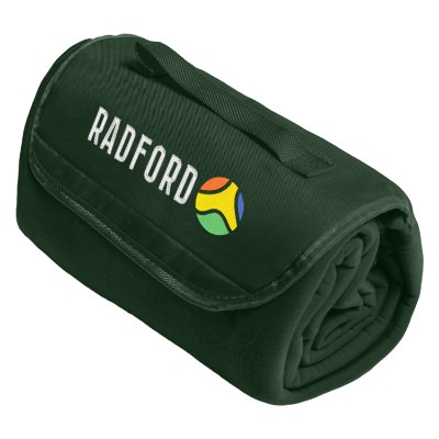 Embroidered gray sweatshirt blanket that can fold within itself with attached handle with full color logo.