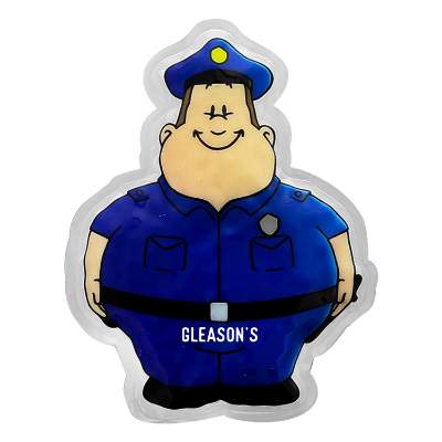 Plastic blue hot and cold pack with a custom imprint.