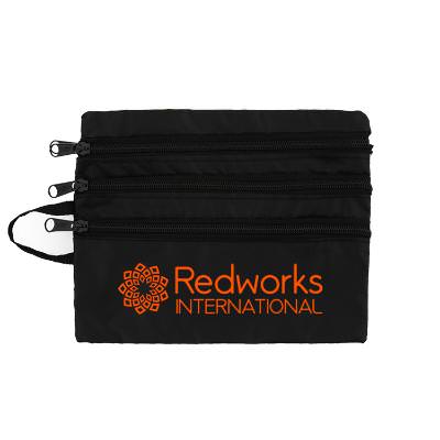 Polyester black hanging tech organizer with printed logo.