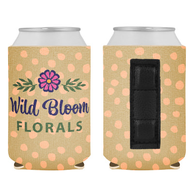 Boho patterned can cooler with custom full color imprint.