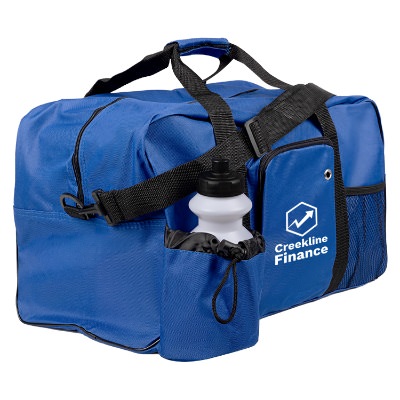 Blue duffle bag with pockets and customized white imprint.