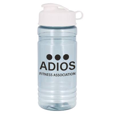 Upcycle plastic light blue water bottle with flip top lid and custom imprint in 20 ounces.