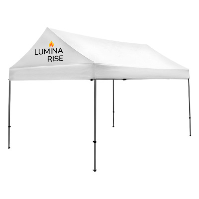 White 10-ft. x 15-ft. gable tent with custom imprint in 1 location.