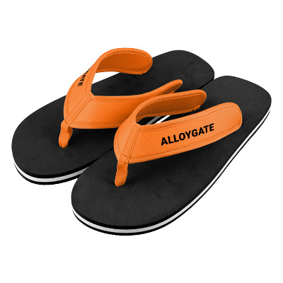 Black and white flip flops with orange straps and a custom logo.