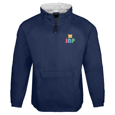Personalized navy pullover with emrboidered logo.