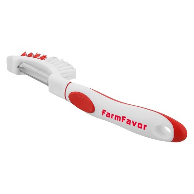Plastic dual vegetable brush and peeler with custom imprint.