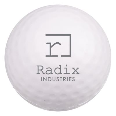 Foam white golf ball stress ball with personalized logo.