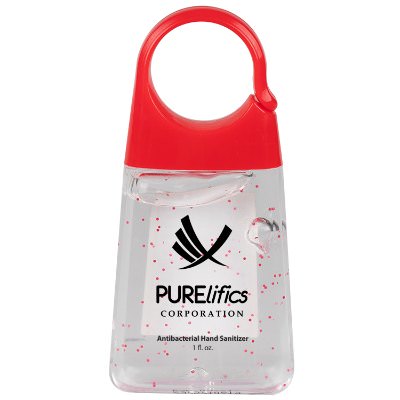 Plastic 1.35 ounce orange bottled hand sanitizer with clip imprinted with logo.