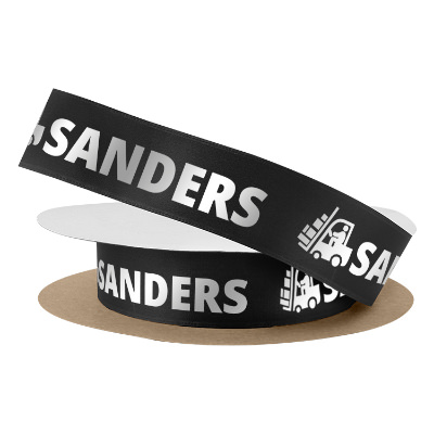 Black satin ribbon with a personalized logo.