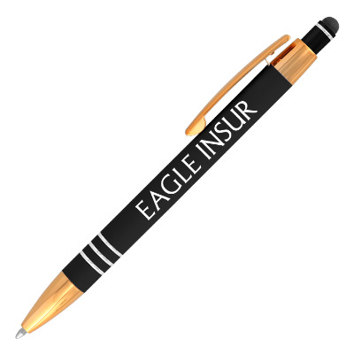 Black metal pen with a personalized logo.