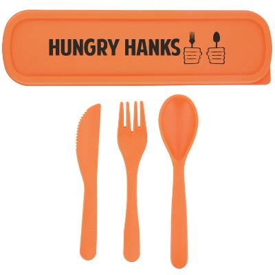 Polypropylene orange utensil set with imprint.