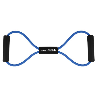 Blue exercise band with custom logo.