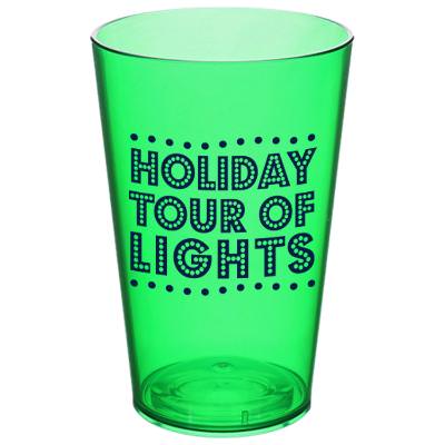 Acrylic green pint glass with custom logo in 16 ounces.