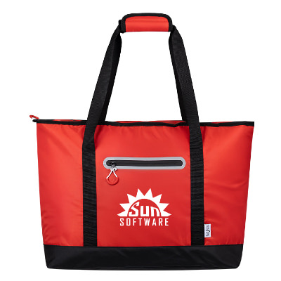 Red polyester cooler with a personalized imprint.