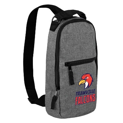 Gray sling bag with black accents and promotional full-color imprint.