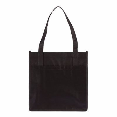 Laminated polypropylene black shopper tote with blank.