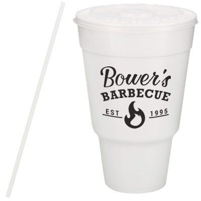 Styrofoam white traveler foam cup with lid and straw and custom imprint in 32 ounces.