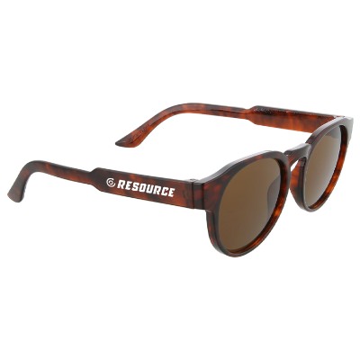 Black recycled ABS plastic sunglasses with customized imprint.