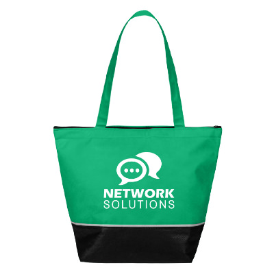 Green polyester cooler with a branded logo.