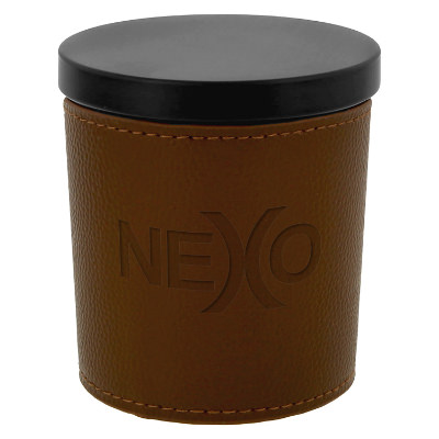 Brown glass candle with a custom logo.