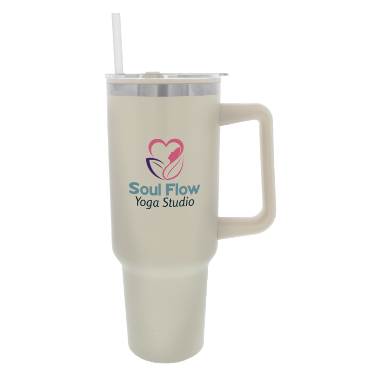 Stainless steel with plastic lining tumbler with a custom full color logo.
