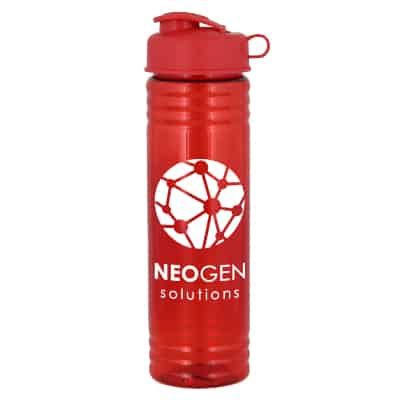 Plastic red water bottle with flip top lid and imprint in 24 ounces.