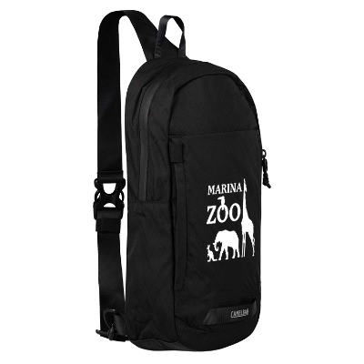 Black sling bag with front pocket and customized imprint.