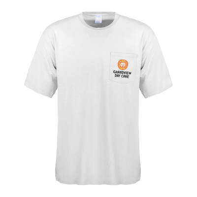Tall pocket t-shirt in white with custom full color logo.