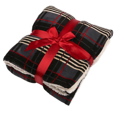 Black and gray microsherpa plaid throw blanket.
