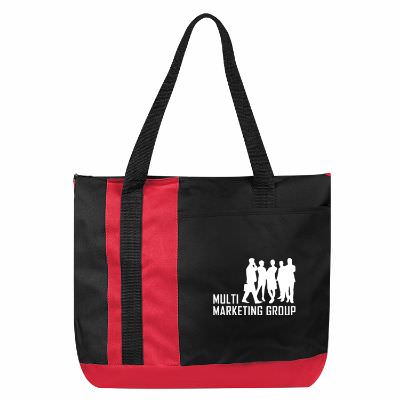 Polyester red classic tri-band tote with printed logo.
