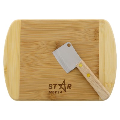 Tan bamboo charcuterie board with a personalized logo.