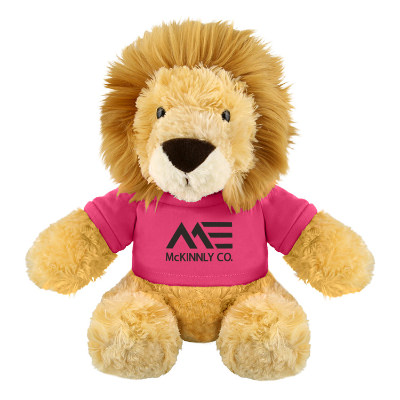 Plush and cotton lion with a pink t-shirt with a custom imprint.