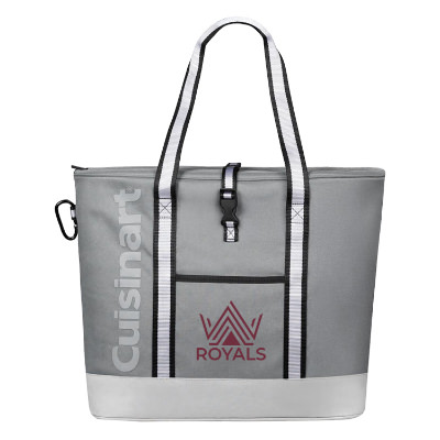 Gray polyester cooler with a custom logo.