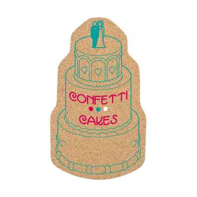 Cork wedding cake coaster with printed full color logo.