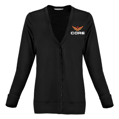 Black cardigan with custom full color imprint.