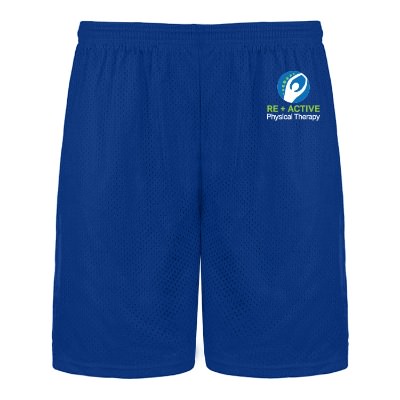Personalized royal mesh short with full color logo.