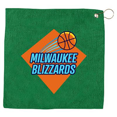 Personalized hemmed full color golf towel.