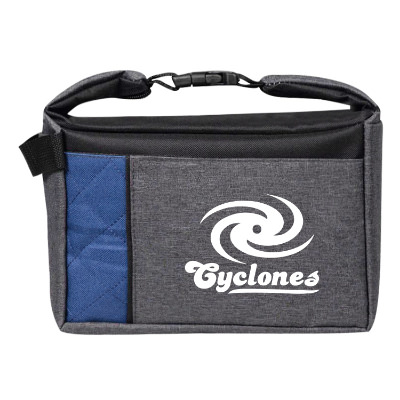 Blue polyester cooler with a customized logo.