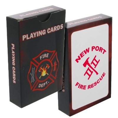 Black paper playing cards with a custom logo.