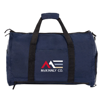 Navy blue polyester garment bag with a branded logo.