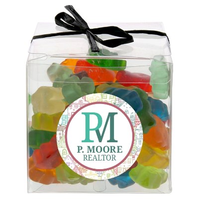 Clear plastic cube with a personalized logo.