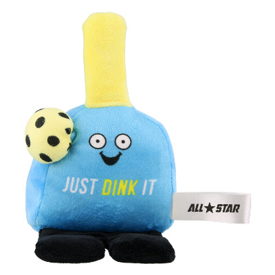 Blue plush phone holder with a custom imprint.