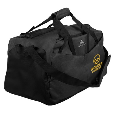 Gray rpet gym bag with custom yellow imprint.