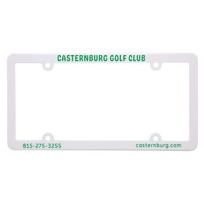Black slim license plate frame with custom logo.
