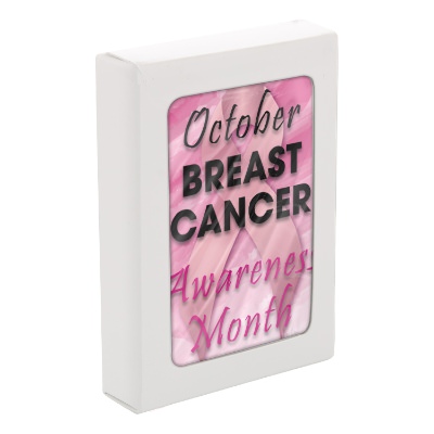Pink paper playing cards with a custom logo.